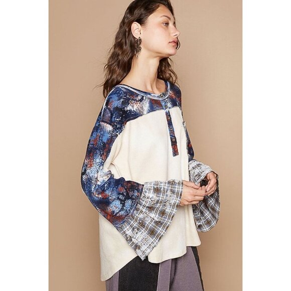 POL Bohemian Patchwork Long Sleeve Top With Star Back Design - Picture 2 of 5